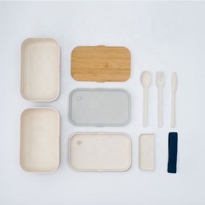 Double Layer Bamboo Fiber Lunch Box with Cutlery and Movable Divider Blue Pink