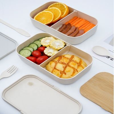 Double Layer Bamboo Fiber Lunch Box with Cutlery and Movable Divider Blue Pink