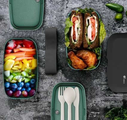 Portable Dual Tier Eco-Friendly Banana Leaf Design BPA-Free Lunch Box with Cutlery Lid