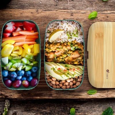 Food Grade Bamboo Lid 2-Layer Lunch Box Custom Cutlery Microwave Safe for Pizza Great