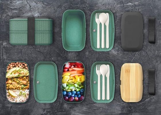 Food Grade Bamboo Lid 2-Layer Lunch Box Custom Cutlery Microwave Safe for Pizza Great