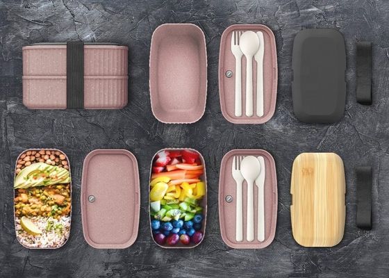 Food Grade Bamboo Lid 2-Layer Lunch Box Custom Cutlery Microwave Safe for Pizza Great