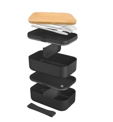 2-Layer BPA Free Food Grade Bamboo Lid Takeaway Custom Bento Lunch Box with Cutlery and Sauce Packet Space