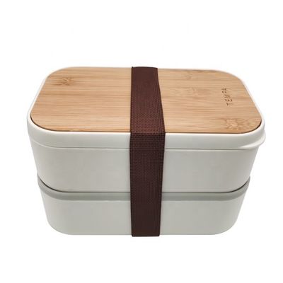 2-Layer BPA Free Food Grade Bamboo Lid Takeaway Custom Bento Lunch Box with Cutlery and Sauce Packet Space