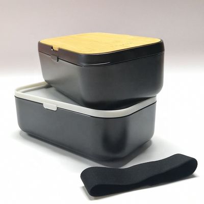 2-Layer BPA Free Food Grade Bamboo Lid Takeaway Custom Bento Lunch Box with Cutlery and Sauce Packet Space