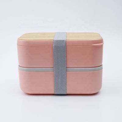 2-Layer BPA Free Food Grade Bamboo Lid Takeaway Custom Bento Lunch Box with Cutlery and Sauce Packet Space