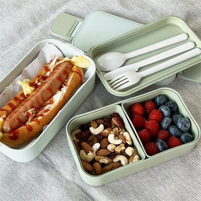 Eco-Friendly Bamboo Fiber Rectangle Lunch Box with Soup Container and Reusable Cutlery Set