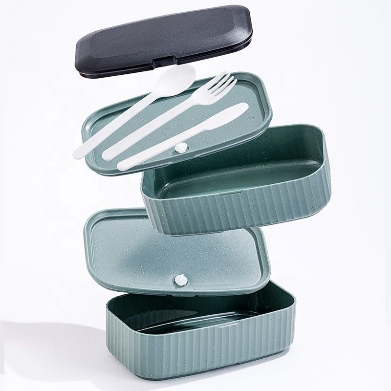 Portable Dual Tier Eco-Friendly Banana Leaf Design BPA-Free Lunch Box with Cutlery Lid